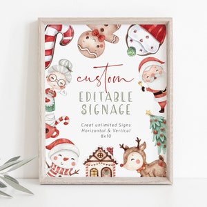 Pode incluir: Um imprimível emoldurado com um tema natalino. A imagem apresenta um homem de gengibre, Papai Noel, um boneco de neve, uma rena, uma árvore de Natal e um bastão de caramelo. O texto no imprimível diz "custom editable signage create unlimited signs horizontal & vertical 8x10".