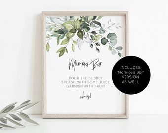 Mimosa Bar Sign, Mom-osa Bar Sign, Greenery Mimosa Bar Sign, Printable Bar Sign Template, Instant Download, Edit with TEMPLETT, WLP-HER 1489