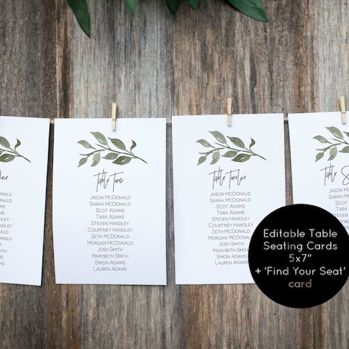 Wedding Table Number Seating Chart Cards Template Table Cards Etsy