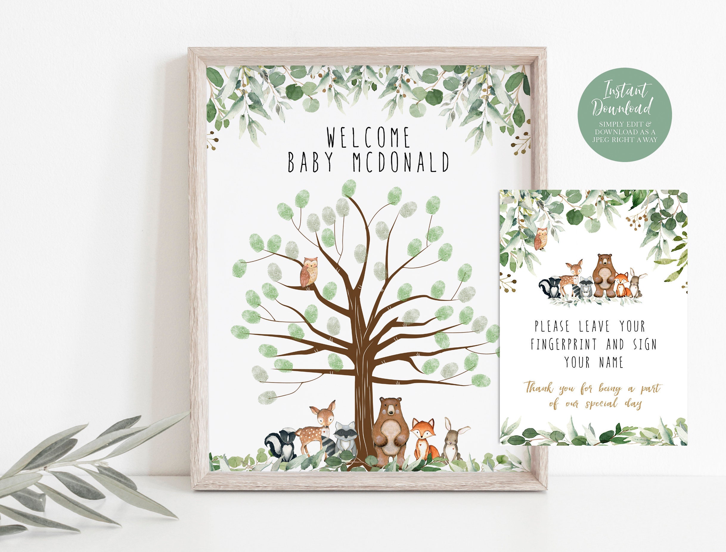 Woodland Fingerprint Tree, Guest Fingerprint Tree Template, Printable Baby Shower Poster, Instant download, Edit with TEMPLETT, WLP-RWW 4155