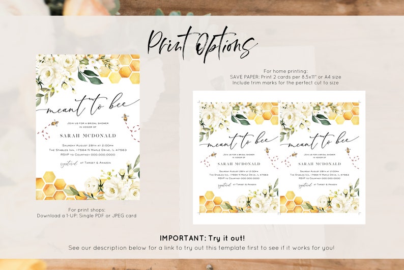 May include: A printable bridal shower invitation with a watercolor design of white flowers, green leaves, and a honeycomb pattern. The text on the invitation reads "meant to bee" and includes the bride's name, "Sarah McDonald".