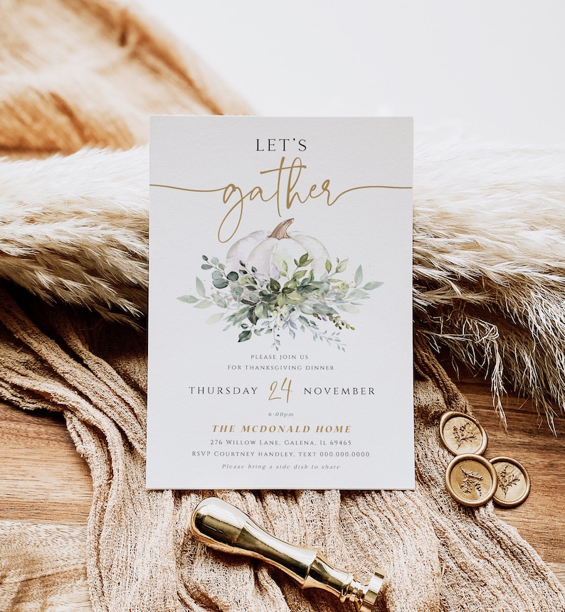 Let's Gather Invitation, Thanksgiving Dinner Invitation, Printable Thanksgiving, Thanksgiving Greenery Invitation, TEMPLETT, WLP-THA 6705 image 1