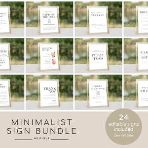 May include: A set of 24 minimalist wedding signs with gold frames. The signs feature various wedding-related text, such as "Mimosa Bar", "Capture the Love", "Let Love Sparkle", "Drinks", "Toasted", "Signature Drinks", "Petal Toss", "Cards & Gifts", "Cupcake Flavors", "Thank You", "Photo Guestbook", and "Love is Sweet".
