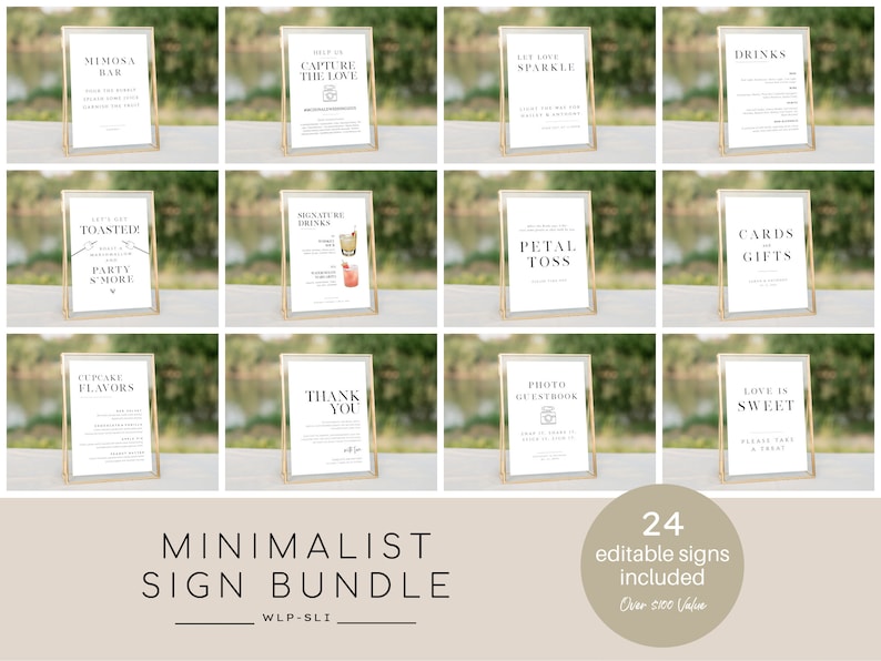 May include: A set of 24 minimalist wedding signs with gold frames. The signs feature various wedding-related text, such as "Mimosa Bar", "Capture the Love", "Let Love Sparkle", "Drinks", "Toasted", "Signature Drinks", "Petal Toss", "Cards & Gifts", "Cupcake Flavors", "Thank You", "Photo Guestbook", and "Love is Sweet".