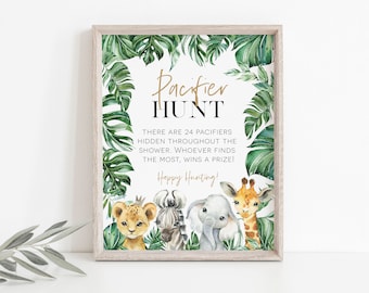Pacifier Hunt Game, Jungle Baby Shower Game Sign, Safari Pacifier Hunt Sign, Edit wtih TEMPLETT, WLP-SAF 3136