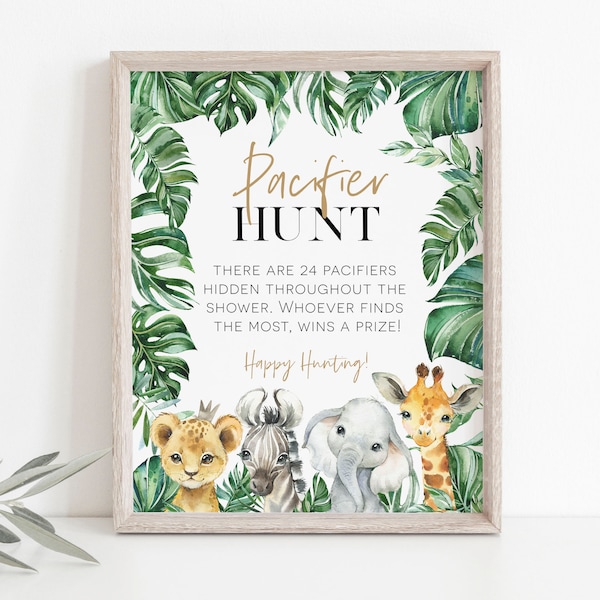 Pacifier Hunt Game, Jungle Baby Shower Game Sign, Safari Pacifier Hunt Sign, Edit wtih TEMPLETT, WLP-SAF 3136