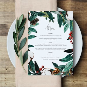 Christmas Menu, Christmas Berry Menu, Printable Christmas Menu , 5x7&quot;, Instant Download, Edit with TEMPLETT, WLP-2137