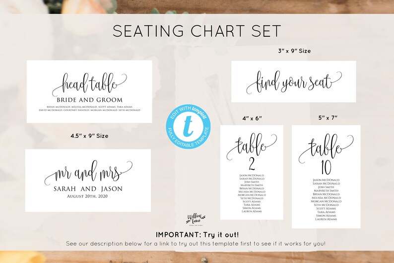 Wedding Seating Chart Template, Seating Chart Printable, Wedding Seating Cards, Edit with TEMPLETT, WLP-ELE 998 image 4