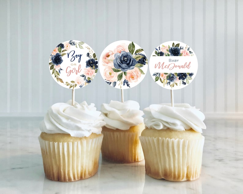 Navy and Blush TEMPLETT Gender Reveal Baby Shower Cupcake Toppers WLP-NBL 3921 Printable Cupcake Toppers Editable Baby Shower Toppers