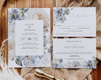 Dusty Blue Wedding Invitation Template, Printable Wedding Invitation, Floral Blue Wedding Invitation, Edit with TEMPLETT, WLP-BLL 5558