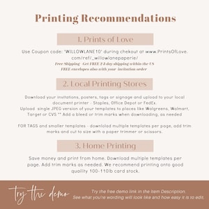 Puede incluir: Un gr&aacute;fico beige y marr&oacute;n con texto titulado "Recomendaciones de impresi&oacute;n". Enumera tres opciones de impresi&oacute;n: Prints of Love, Local Printing Stores y Home Printing. Incluye una secci&oacute;n "Prueba la demo" con un enlace.