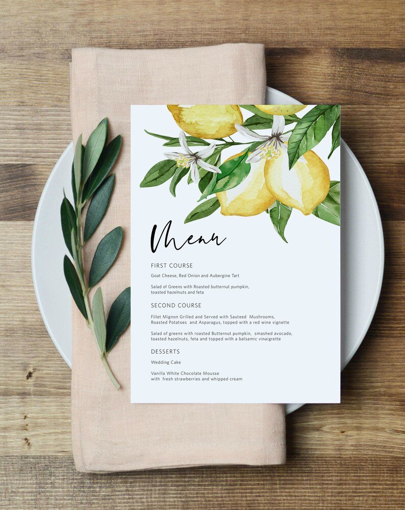 Lemon Menu Card Citrus Menu Printable Templett Menu Menu Etsy