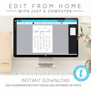 May include: A computer screen displaying a wedding seating chart template with the text "find your seat". The template is editable and can be downloaded instantly. The text "EDIT FROM HOME WITH JUST A COMPUTER" is displayed at the top of the image.
