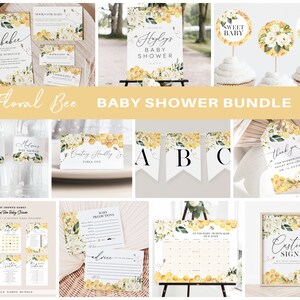 May include: A floral bee themed baby shower bundle with printable decorations, games, and signage. The bundle includes a welcome sign, table numbers, a banner, thank you tags, a baby shower game bundle, a guest book, and a custom sign.