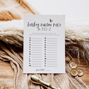 Baby Name Race Game, Alphabet Baby Name Game, Minimalist Baby A-Z Name Game, Printable Baby Shower Game, Edit with TEMPLETT, WLP-SIL 5797