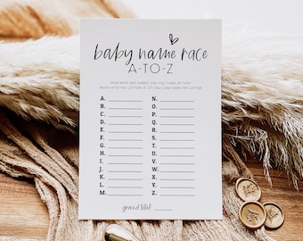 Baby Name Race Game, Alphabet Baby Name Game, Minimalist Baby A-Z Name Game, Printable Baby Shower Game, Edit with TEMPLETT, WLP-SIL 5797