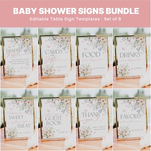 May include: Set of eight printable baby shower signs with floral designs and gold frames. The signs include "Diaper Raffle", "Cards and Gifts", "Food", "Drinks", "Sweet Treat", "Guest Book", "Thank You", and "Favors".