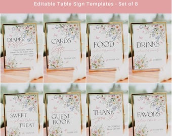 Baby Shower Sign Bundle, Baby Shower Signs, Wildflower Baby Shower Table Signs, Butterflies Baby Shower, Edit with TEMPLETT, WLP-PAS 8376