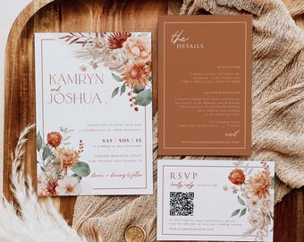 Terracotta Wedding Invitation Template, Autumn Wedding Invitation Bundle, Fall Wedding Invitation Set, Edit with TEMPLETT, WLP-TAU 8462