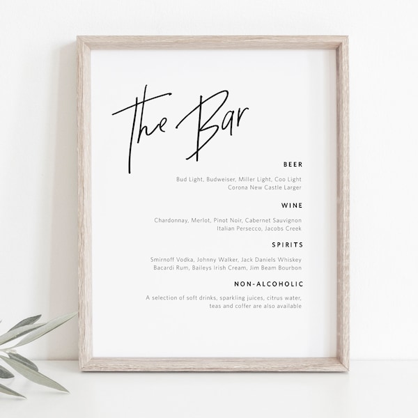 Wedding Bar Menu Sign, Printable Calligraphy Bar Menu Template, Modern Bar Sign, 8x10, Instant Download, Edit with TEMPLETT, WLP-PEN 1921