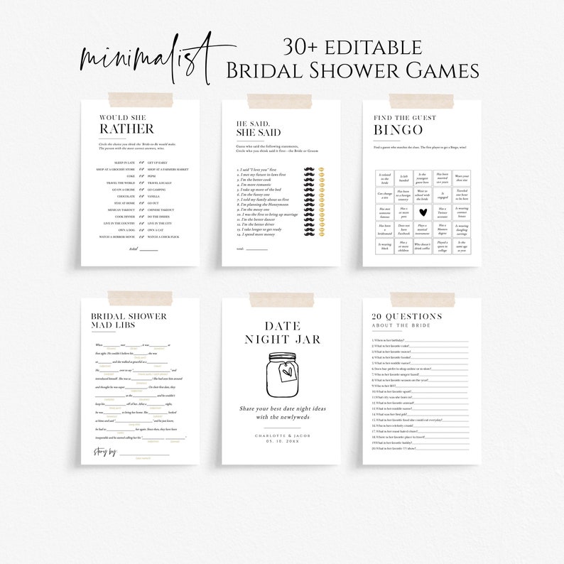 Minimalist Bridal Shower Game Bundle Bridal Shower Games Etsy