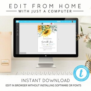 Pu&ograve; includere: Uno schermo di computer che mostra un modello di invito per un addio al nubilato a tema girasole. Il modello &egrave; modificabile e pu&ograve; essere personalizzato con testo e colori. Il testo sullo schermo recita "Bridal Shower" e "Sadritte Jue". Il testo sotto lo schermo recita "Download immediato" e "Modifica nel browser senza installare software o font".