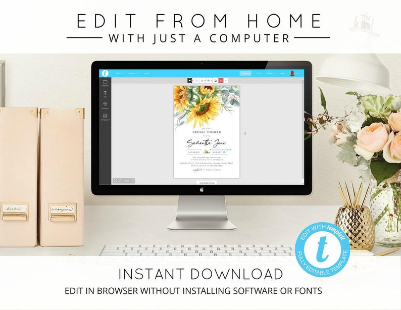 Pu&ograve; includere: Uno schermo di computer che mostra un modello di invito per un addio al nubilato a tema girasole. Il modello &egrave; modificabile e pu&ograve; essere personalizzato con testo e colori. Il testo sullo schermo recita "Bridal Shower" e "Sadritte Jue". Il testo sotto lo schermo recita "Download immediato" e "Modifica nel browser senza installare software o font".