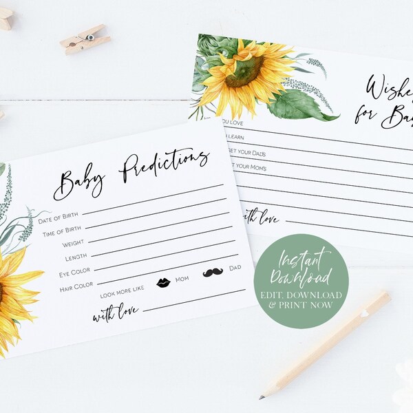 Sunflower Baby Shower Advice Card Printable, Sunflower Baby Predictions Card, Wishes for Baby Card, Edit with TEMPLETT, WLP-SUU 3267