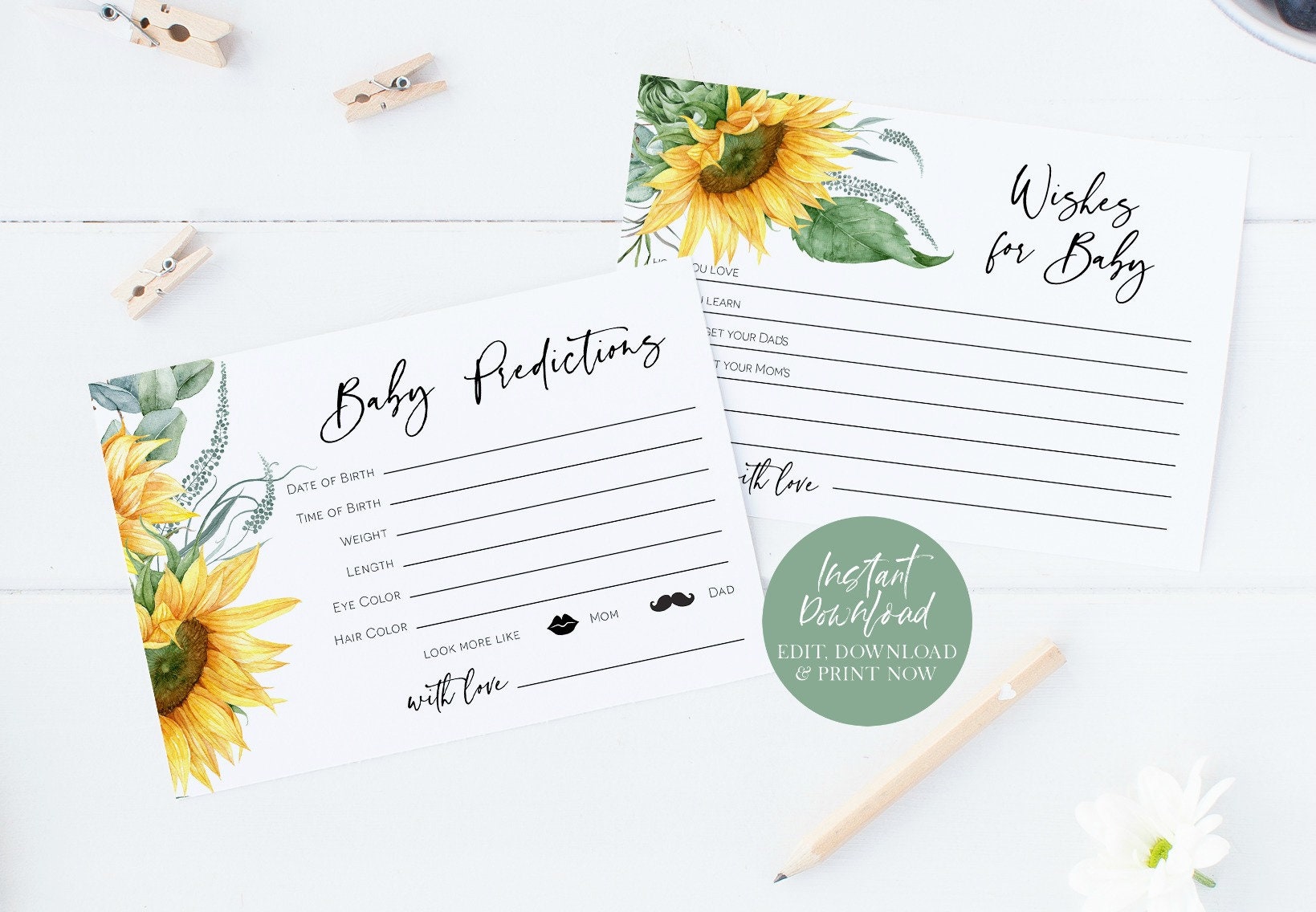 Sunflower Baby Shower Advice Card Printable, Sunflower Baby Predictions Card, Wishes for Baby Card, Edit with TEMPLETT, WLP-SUU 3267