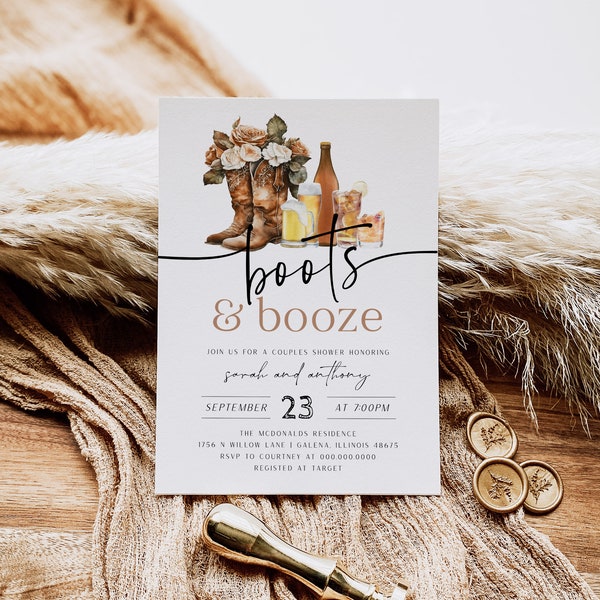 Boots and Booze Invitation, Cowgirl Boots Bridal Shower Invite, Couples Wedding Shower Invitation, Edit with TEMPLETT, WLP-GBO 7248