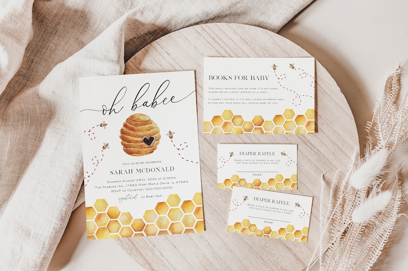 Bee Baby Shower Invitation, Baby Shower Bundle, Baby Shower Invitation Set, Bee Books for Baby Card, Diaper Raffle, TEMPLETT, WLP-BEE 3299 bild 2