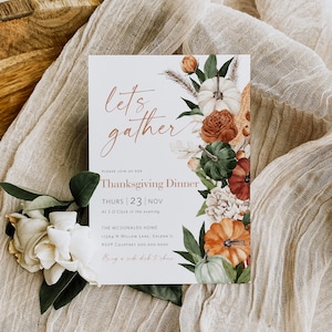 Let&#39;s Gather Invitation, Thanksgiving Dinner Invitation, Printable Thanksgiving, Floral Thanksgiving Invitation, TEMPLETT, WLP-THA 6716