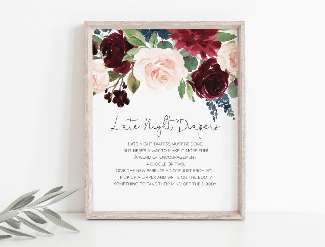 Printable Late Night Diapers Sign, Diaper Thoughts Signs, Burgundy Baby ...