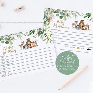 Woodland Baby Douche Advies Kaart Afdrukbaar, Woodland Baby Voorspellingen Kaartsjabloon, Wensen voor Babykaart, Bewerken met TEMPLETT, WLP-RWW 4000