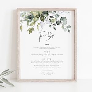 Greenery Bar Menu Sign, Greenery Bar Sign Template, Printable Bar Menu Sign, 8x10, Editable Bar Sign, Edit with TEMPLETT, WLP-HER 3373