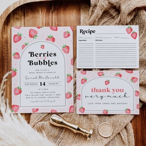 Berries and Bubbles Invitation Bundle, Bridal Shower Invitation, Strawberries and Champagne Bridal Brunch, Edit with TEMPLETT, WLP-BER 7237