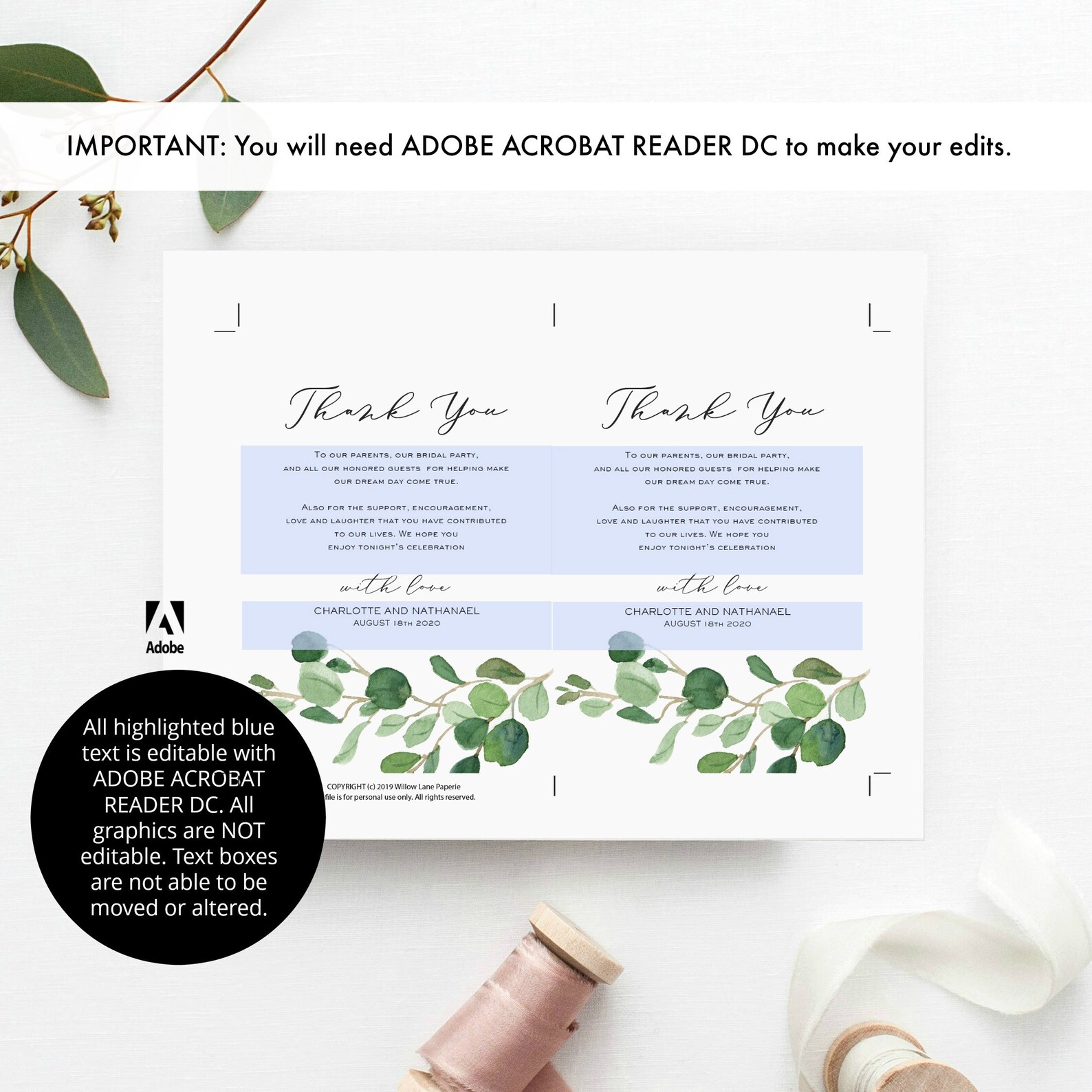 Wedding Thank You Note Printable Thank You Card Template | Etsy
