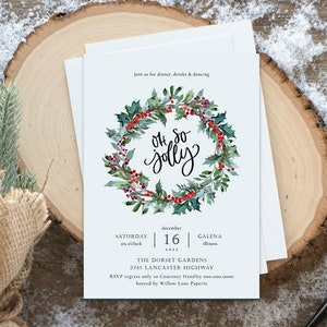 Christmas Invitation Printable, Holly Wreath Christmas Invitation, Christmas Party Invitation, Instant Download, Edit with TEMPLETT, WLP3813
