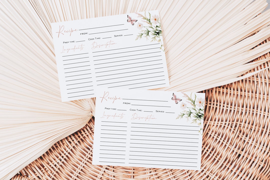 Butterfly Recipe Card, Printable Recipe Card, Wildflower Recipe