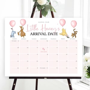 Winnie the Pooh Baby Due Date Calendar, Pink Pooh Baby Shower Game, Guess Baby&#39;s Birthday, Editable Baby Prediction, TEMPLETT, WLP-POH 8380