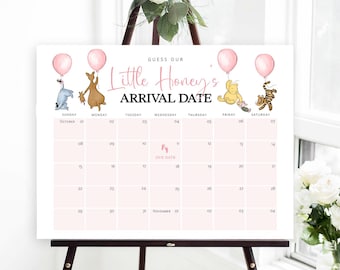 Winnie the Pooh Baby Due Date Calendar, Pink Pooh Baby Shower Game, Guess Baby's Birthday, Editable Baby Prediction, TEMPLETT, WLP-POH 8380