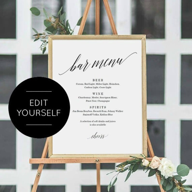 Wedding Bar Menu Sign Printable Script Bar Menu Poster | Etsy