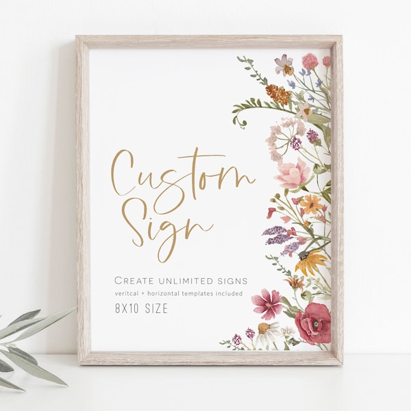 Wildflower Custom Sign, (Portrait and Landscape), Floral Editable Sign Template, Printable Shower Sign, Edit w TEMPLETT, WLP-WIL 4700