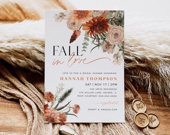 May include: Fall in love bridal shower invitation with a floral design featuring orange, pink, and green flowers. The invitation includes the text "Fall in love" and the name "Hannah Thompson".