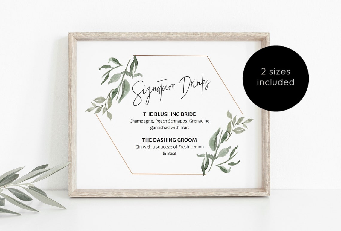 Signature Drinks Sign Greenery Printable Signature Drinks - Etsy
