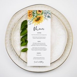 Karta menu słonecznika, szablon menu jesiennego, menu eukaliptusowe, natychmiastowe pobranie, 2 rozmiary, jesienne słoneczniki, karta menu Templett, WLP-SUU 3251