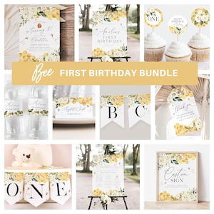 May include: A bee-themed first birthday party printable bundle featuring a range of items such as invitations, banners, cupcake toppers, water bottle labels, and a thank you tag. The design incorporates a honeycomb pattern, yellow and white flowers, and the text "Bee First Birthday Bundle".