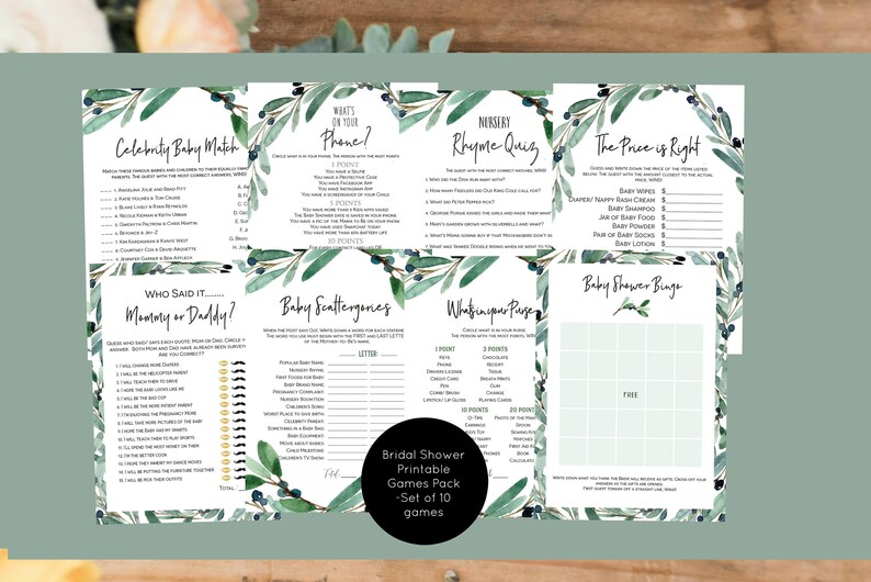 Olive Baby Shower Games Pack Baby Shower Game Cards Set Of 8 Etsy