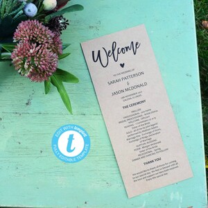 Wedding Ceremony Program Template, Wedding Program Printable, Edit with TEMPLETT, Rustic Order of Service Program, WLP418