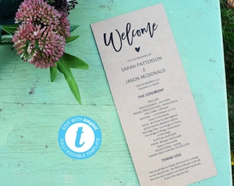 Wedding Ceremony Program Template, Wedding Program Printable, Edit with TEMPLETT, Rustic Order of Service Program, WLP418